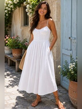 ASTR THE LABEL White Linen Blend Button-Front Midi Dress | Size Medium